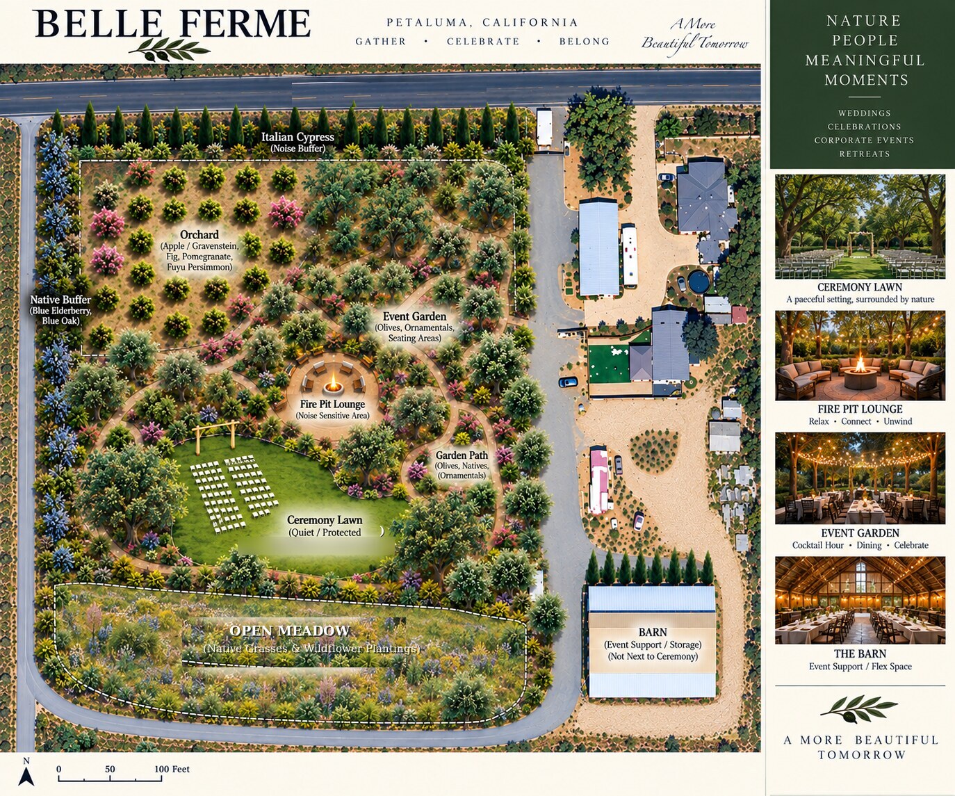 Belle Ferme venue site plan — ceremony lawn, reception lawn, dining pavilion, bar, lounge and fire pit, grove walk, and barn